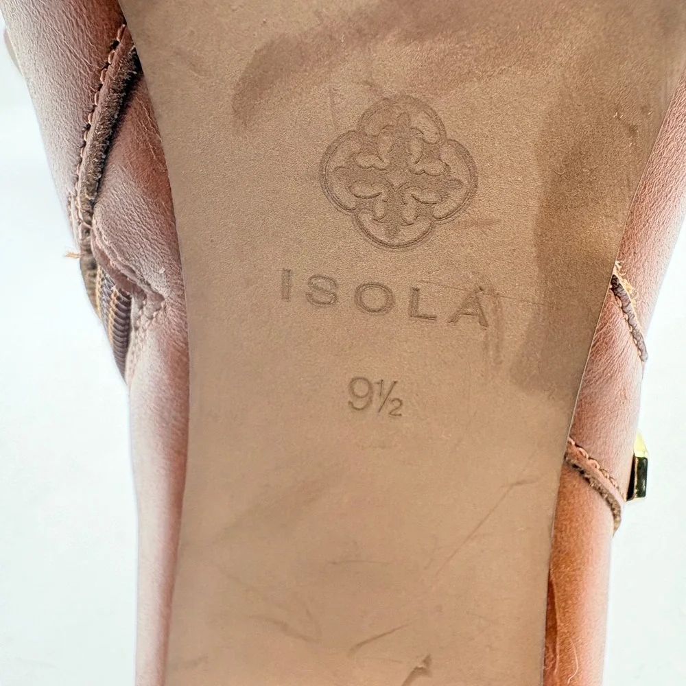 Isola Tan Leather Studded Ankle Booties Gold Hexagon Studs Block Heel Cognac 9.5